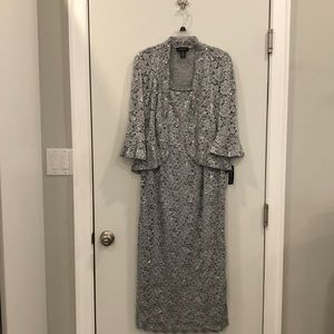 R&M Richards Silver Lace Sequined 2 Piece Jacket Dress NWT